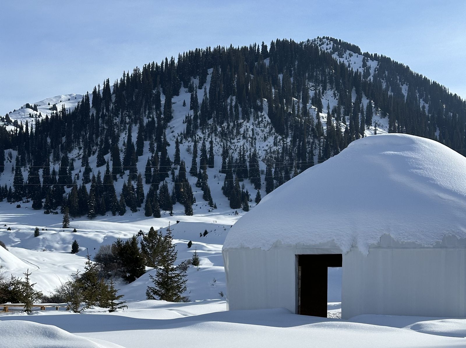Snow-covered yurt below a forested ridge in Jyrgalan in February